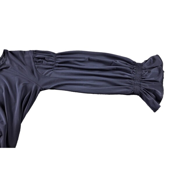 👉 Ann Taylor Navy XS Blouse Bell Sleeve Ruffle Scoop Neck Stretch Top Business - Picture 3 of 7